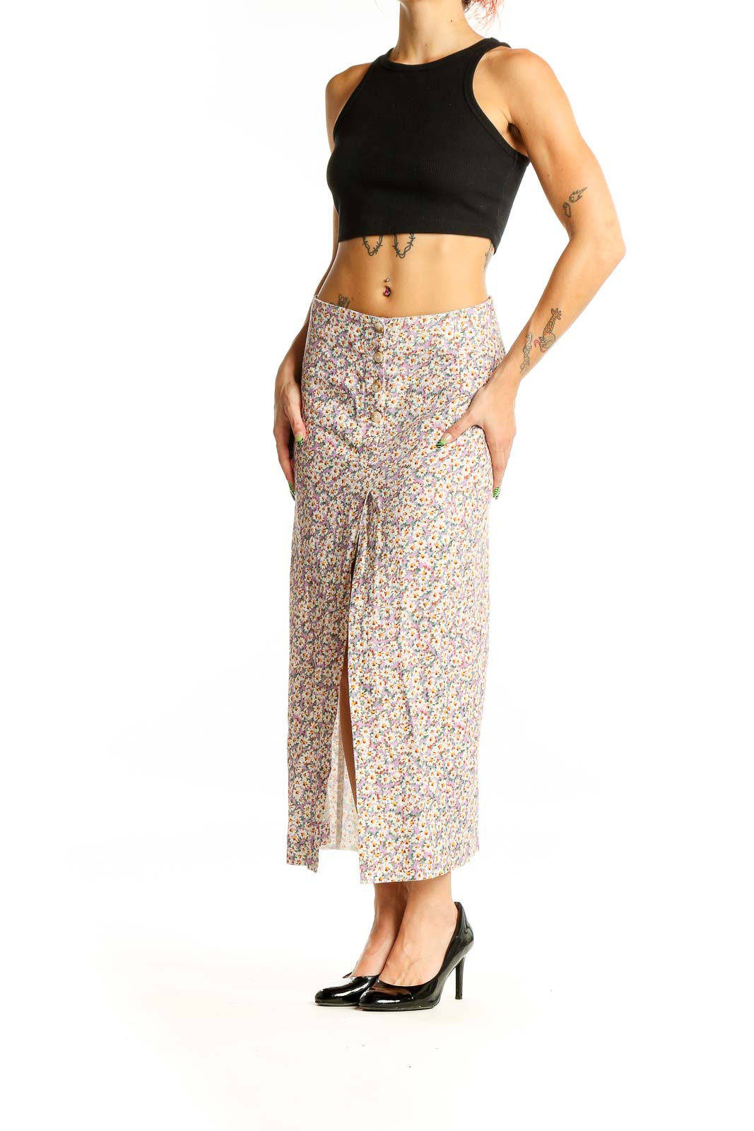 Front view of Zara floral linen blend maxi skirt with front slit