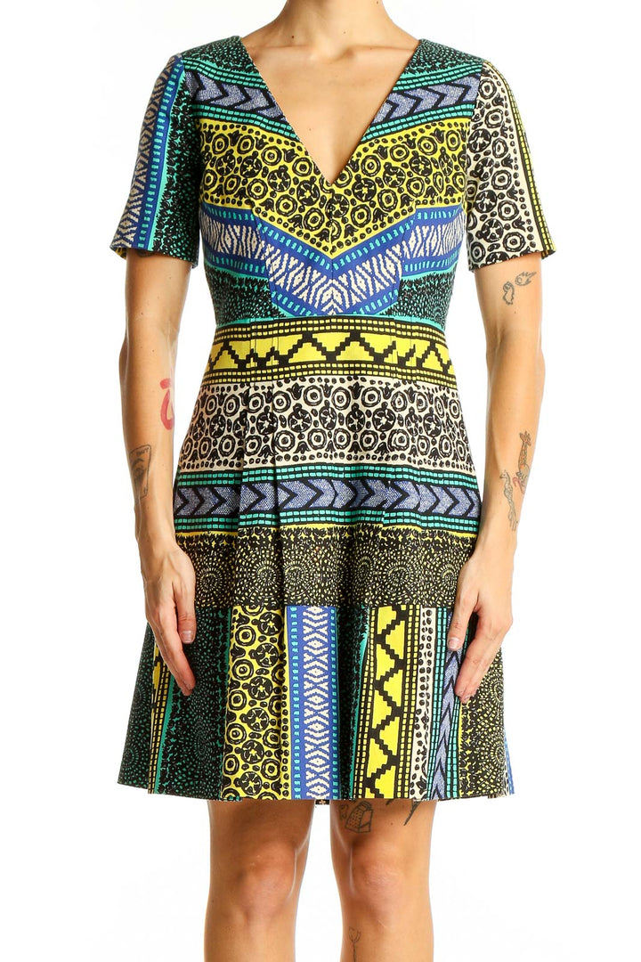 Front view of multicolor geometric print V-neck dress by Plenty by Tracy Reese