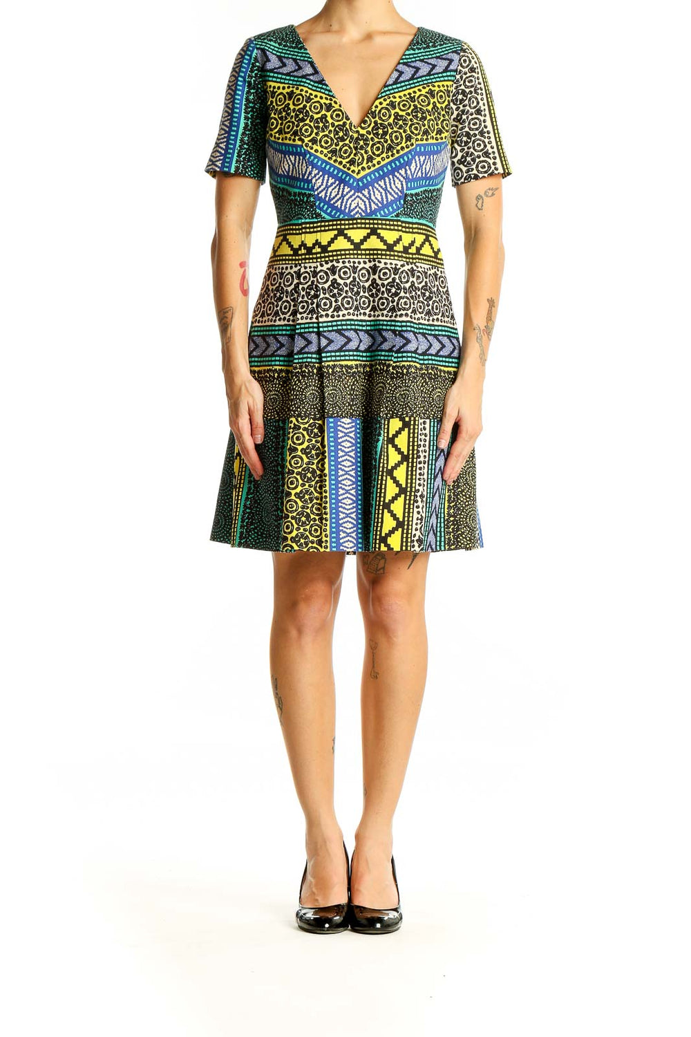 Front view of multicolor geometric print V-neck dress by Plenty by Tracy Reese