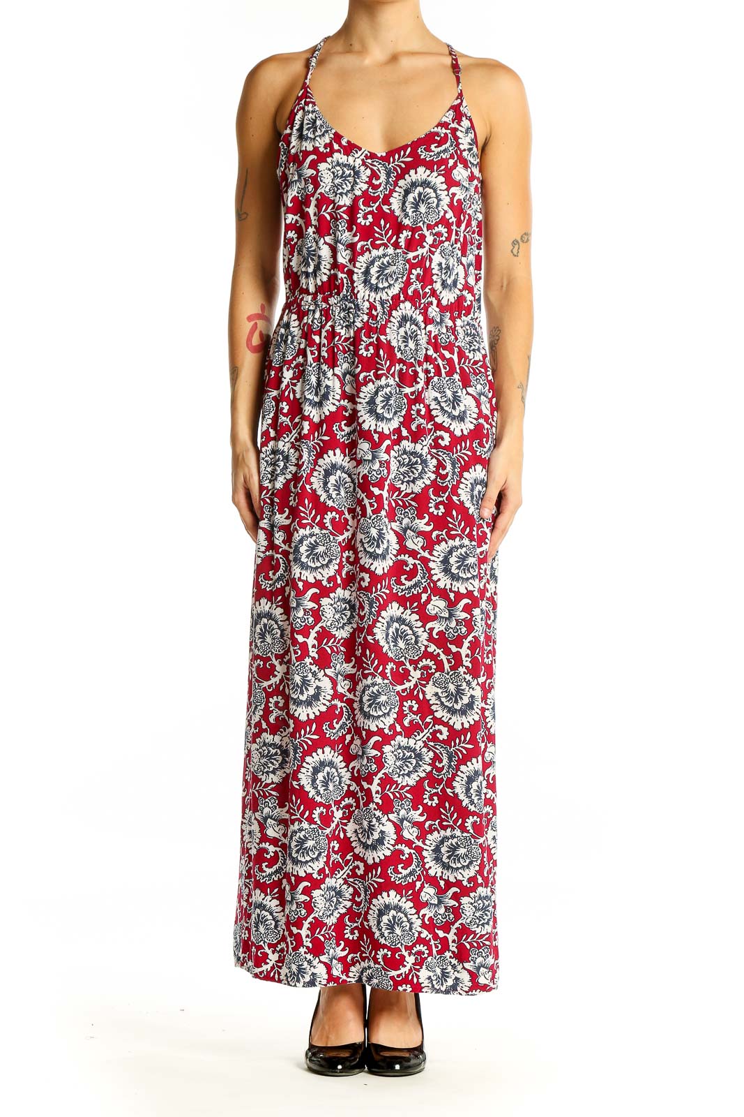 Front view of Gap red floral maxi dress with V-neck and thin straps