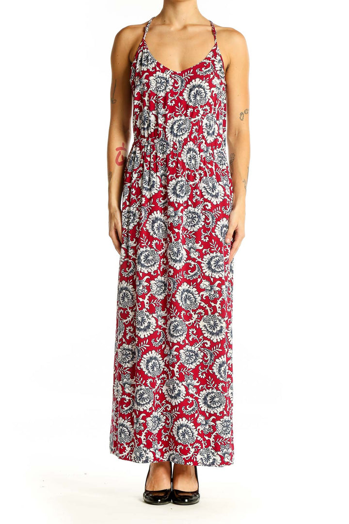 Front view of Gap red floral maxi dress with V-neck and thin straps