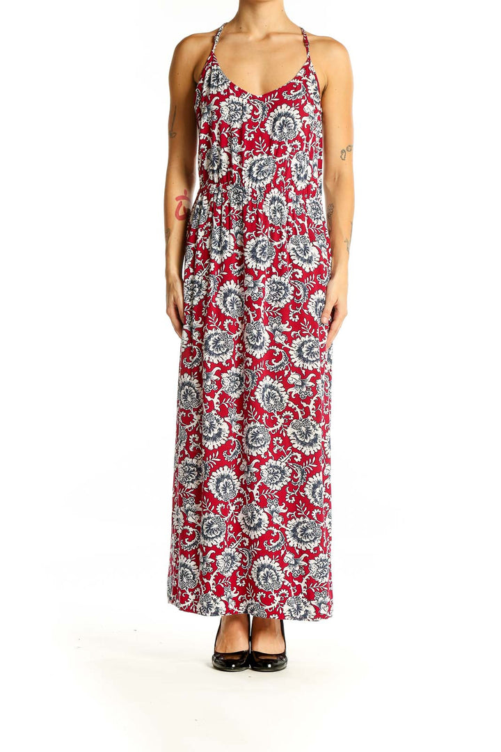 Front view of Gap red floral maxi dress with V-neck and thin straps