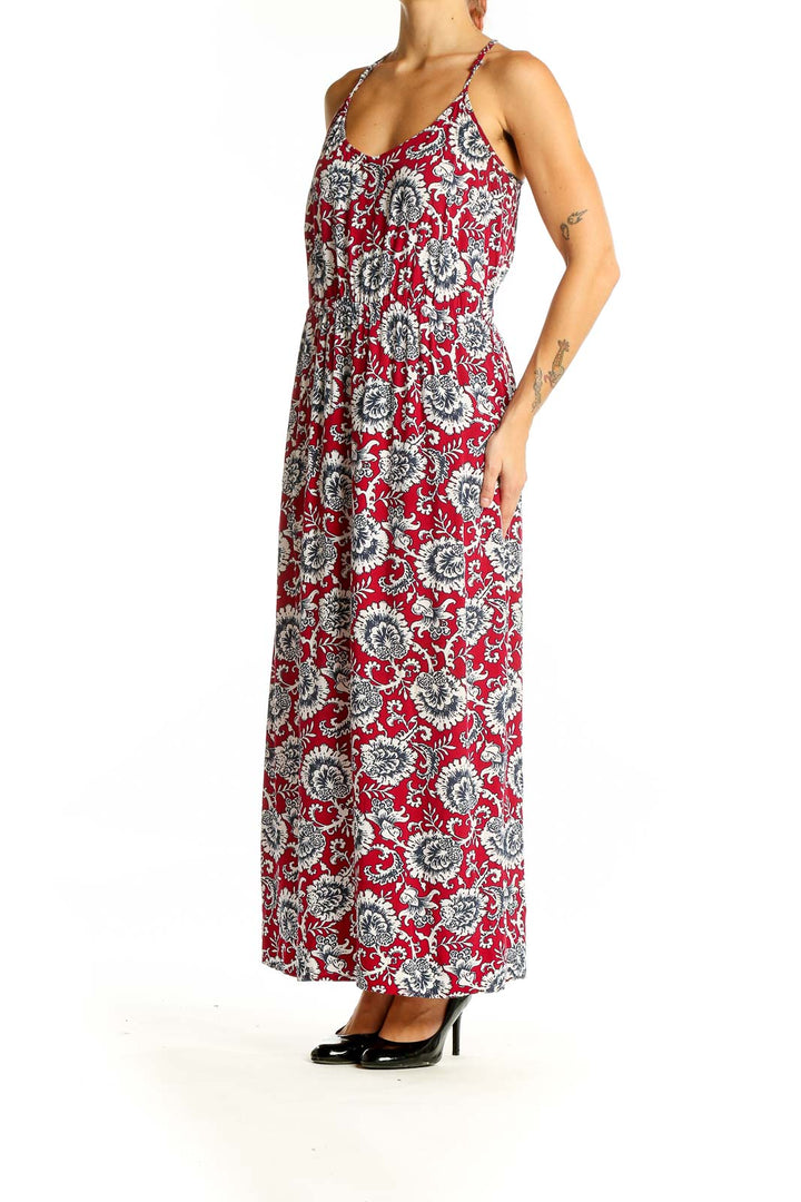 Front view of Gap red floral maxi dress with V-neck and thin straps