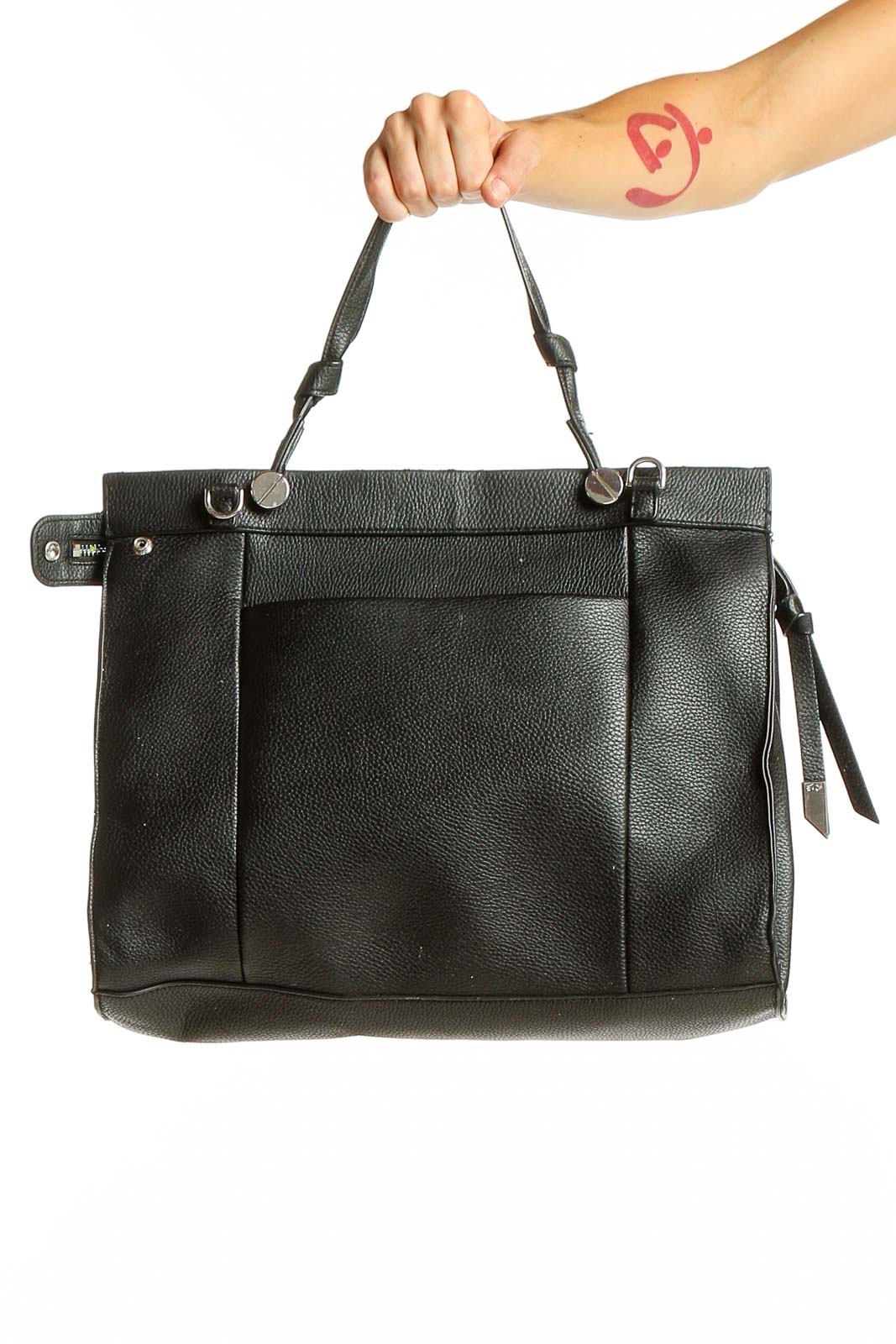 Front view of Foley + Corinna black leather satchel handbag