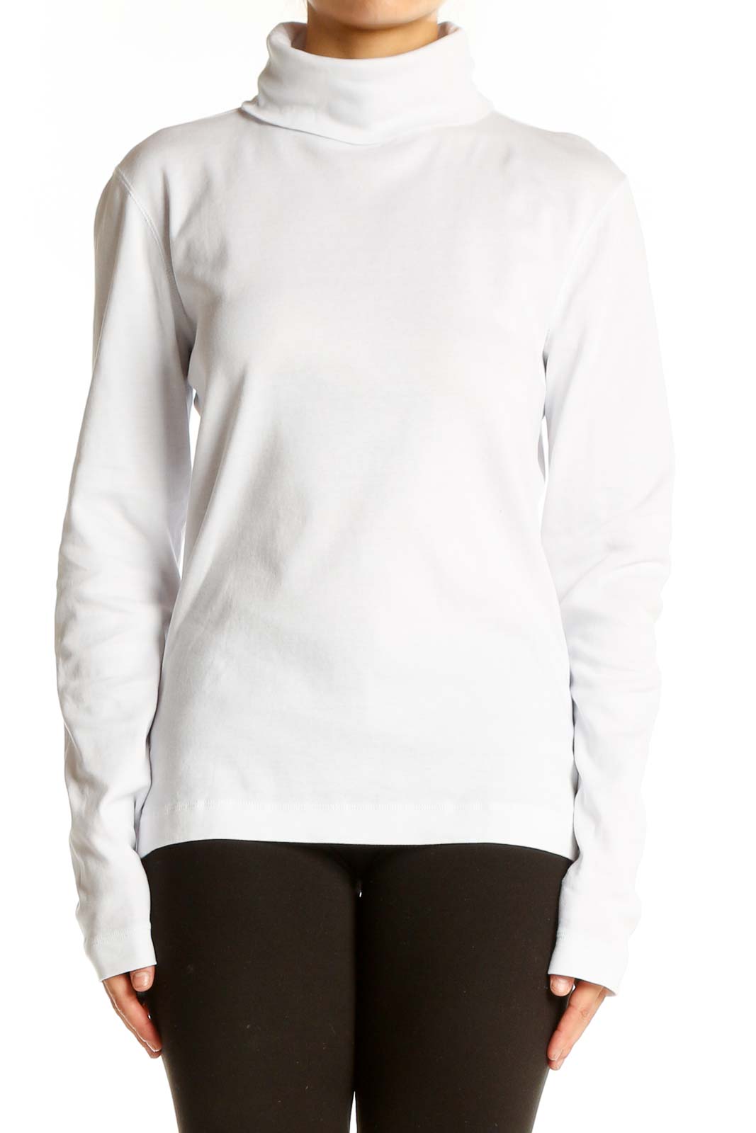 Front view of white cotton turtleneck sweater by Three Dots