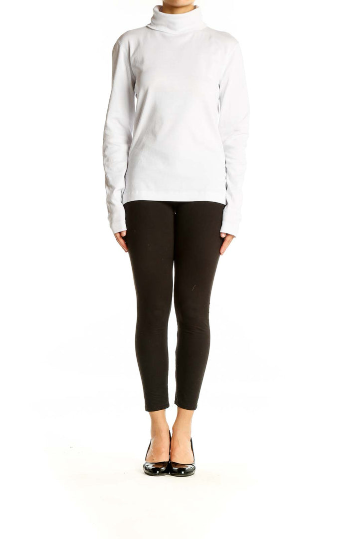 Front view of white cotton turtleneck sweater by Three Dots