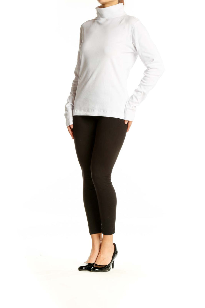 Front view of white cotton turtleneck sweater by Three Dots