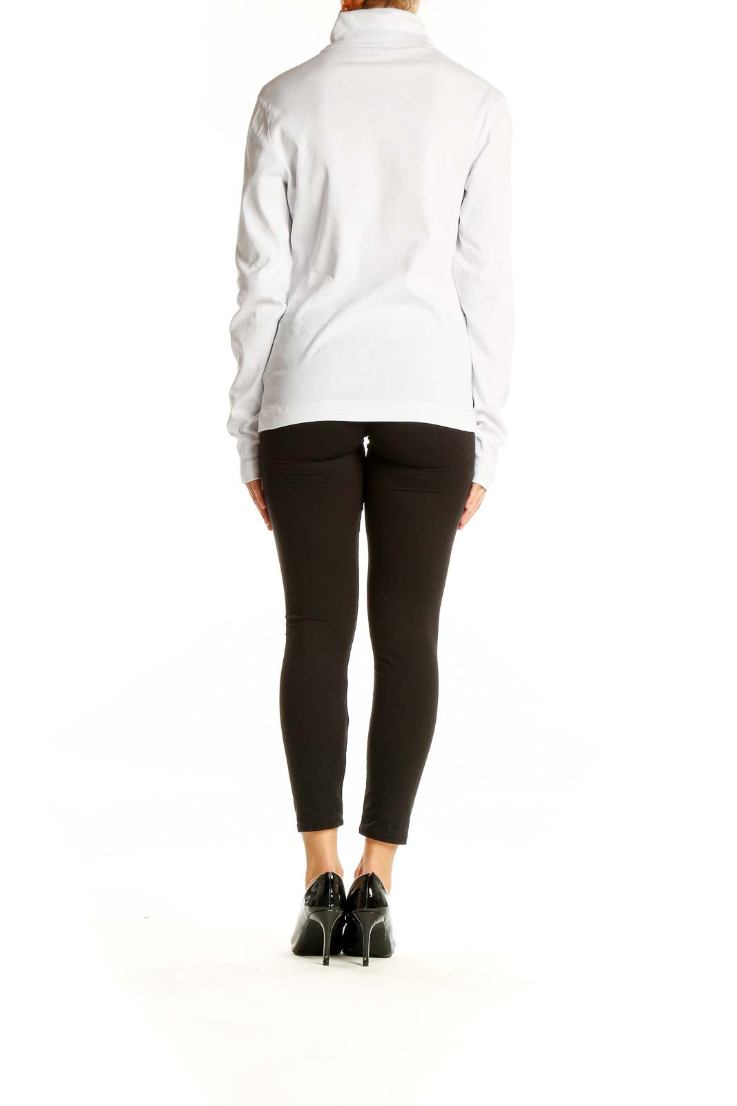 Back view of white cotton turtleneck sweater by Three Dots