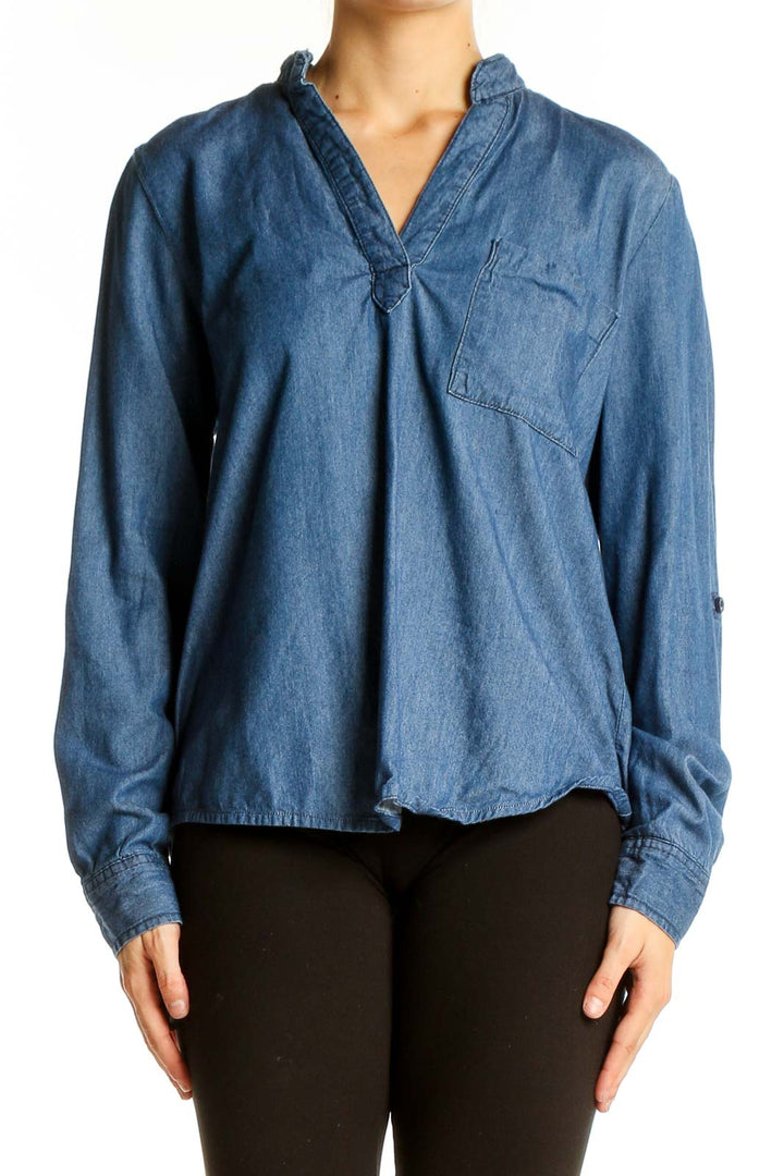 Front view of SilkRoll blue denim V-neck blouse with chest pocket