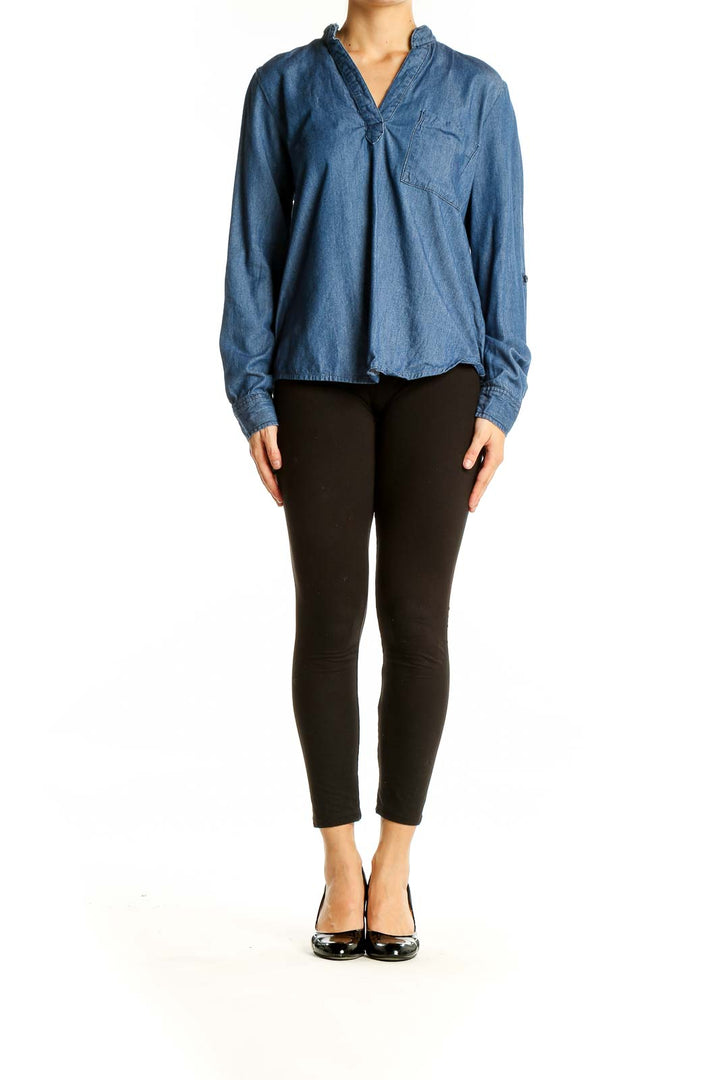 Front view of SilkRoll blue denim V-neck blouse with chest pocket