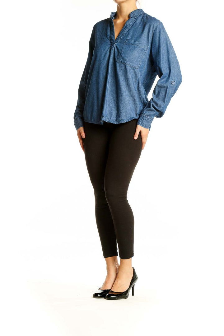 Front view of SilkRoll blue denim V-neck blouse with chest pocket