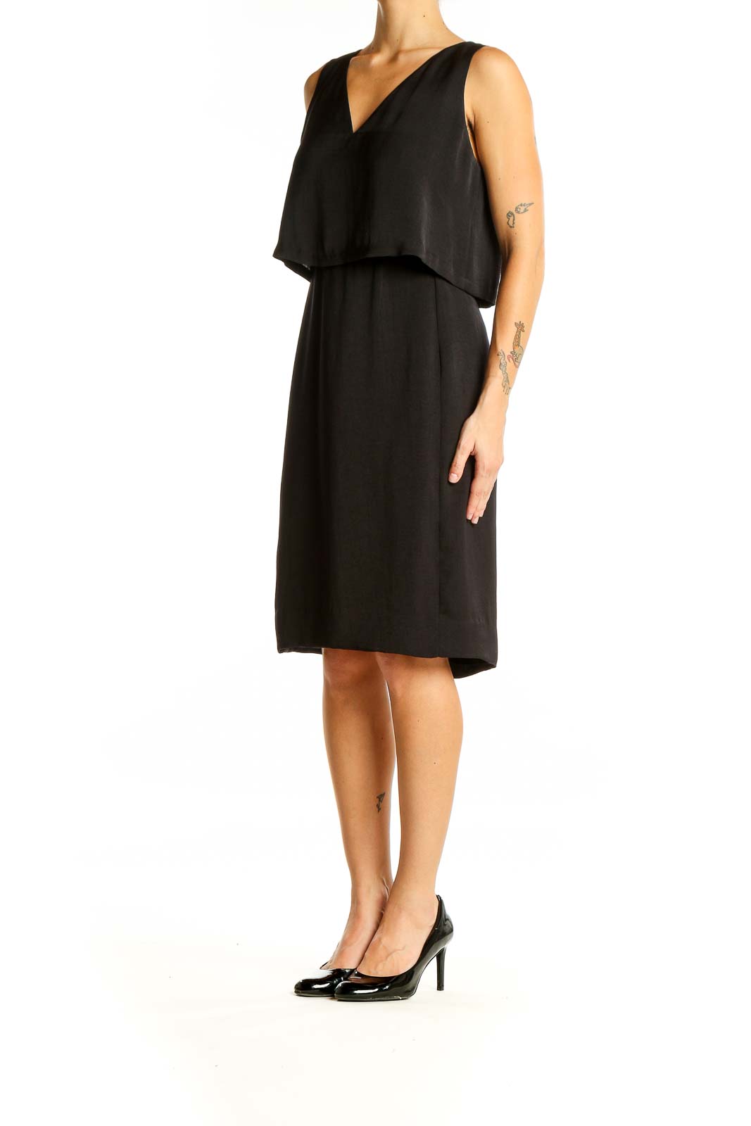 Front view of Madewell black V-neck sleeveless midi dress with overlay bodice