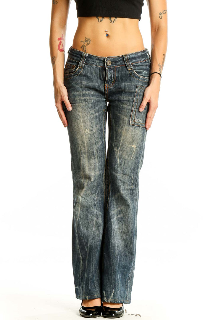 Front view of blue distressed flared jeans by Drive Jeans