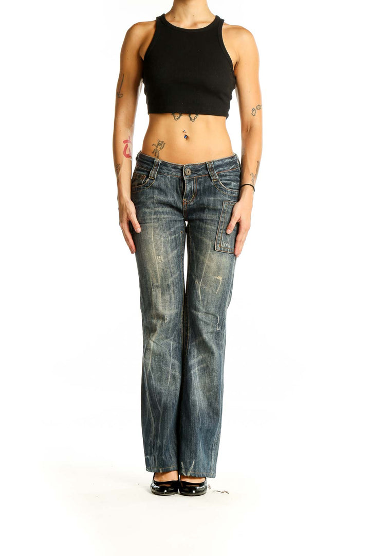 Front view of blue distressed flared jeans by Drive Jeans