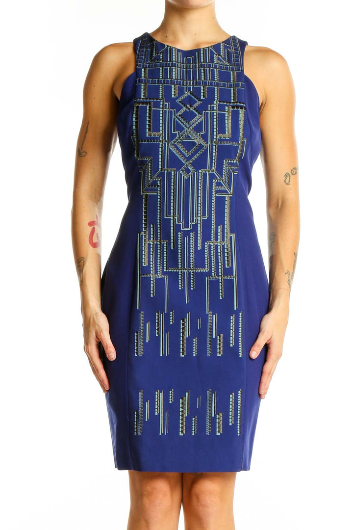 Front view of Karen Millen blue bodycon dress with geometric embellishments