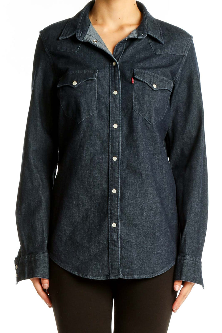 Front view of Levi's dark blue denim western shirt with snap buttons