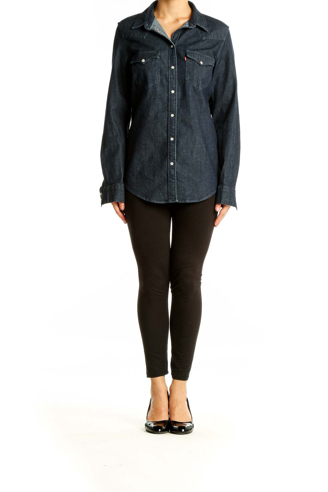 Front view of Levi's dark blue denim western shirt with snap buttons