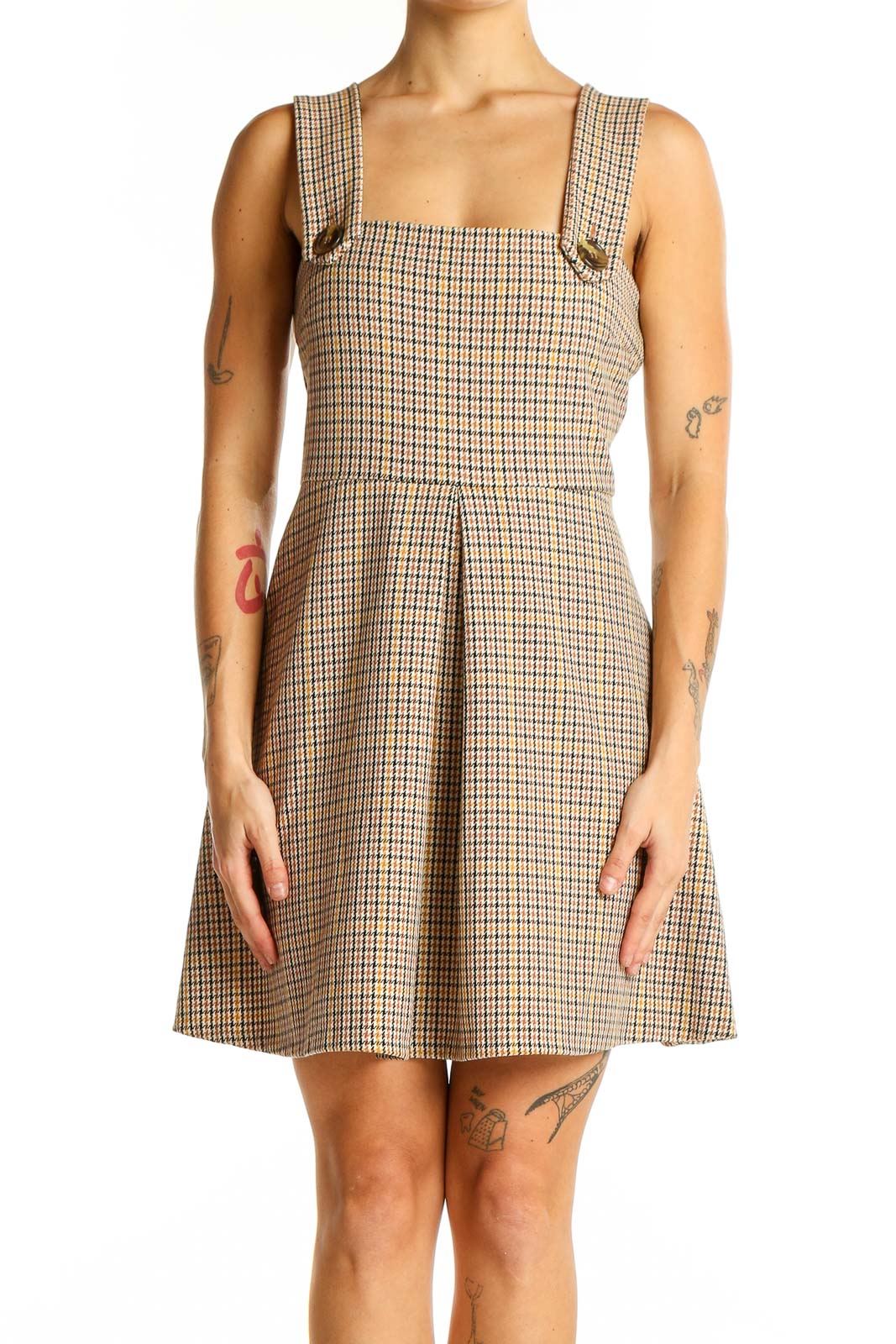 Front view of Zara Woman beige plaid sleeveless mini dress