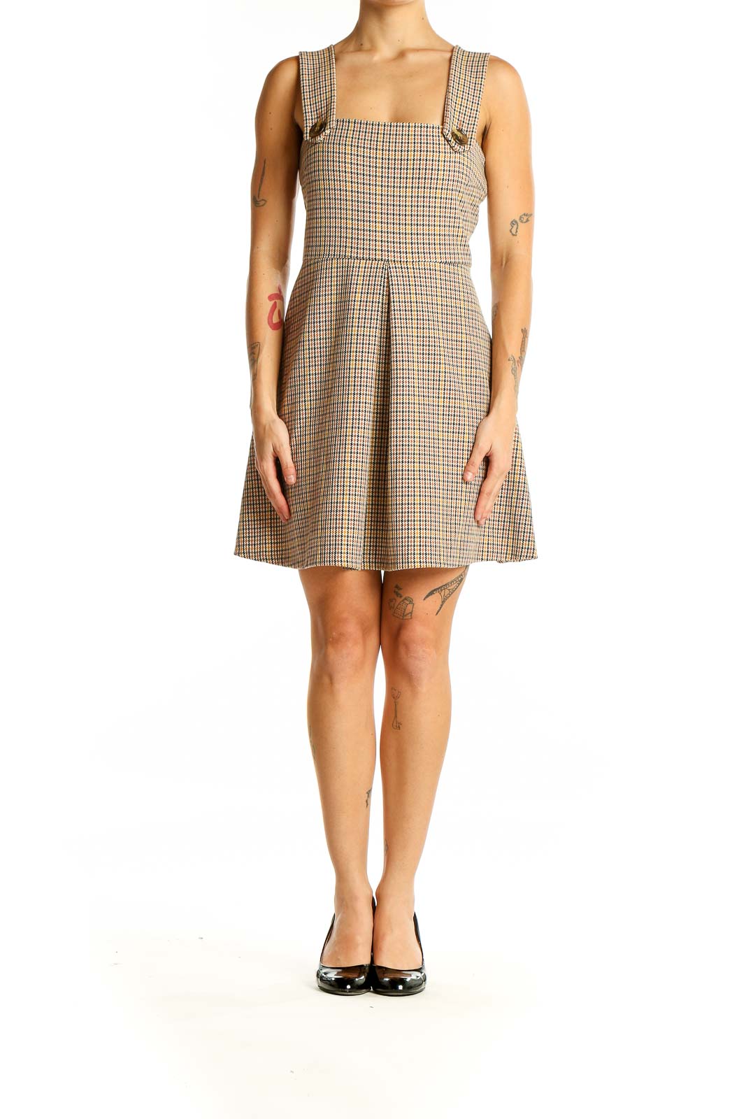 Front view of Zara Woman beige plaid sleeveless mini dress