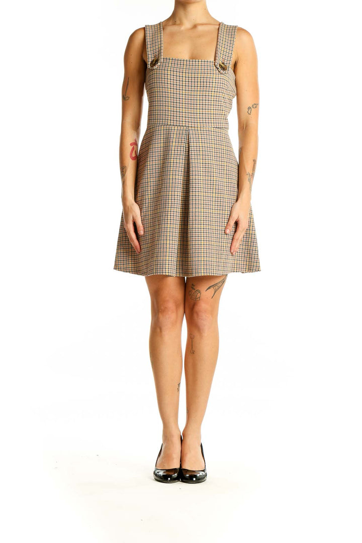 Front view of Zara Woman beige plaid sleeveless mini dress