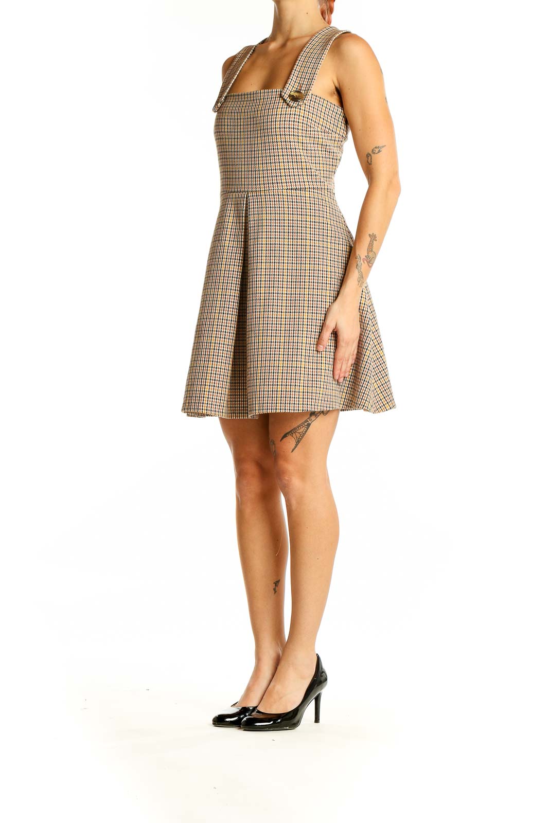 Front view of Zara Woman beige plaid sleeveless mini dress