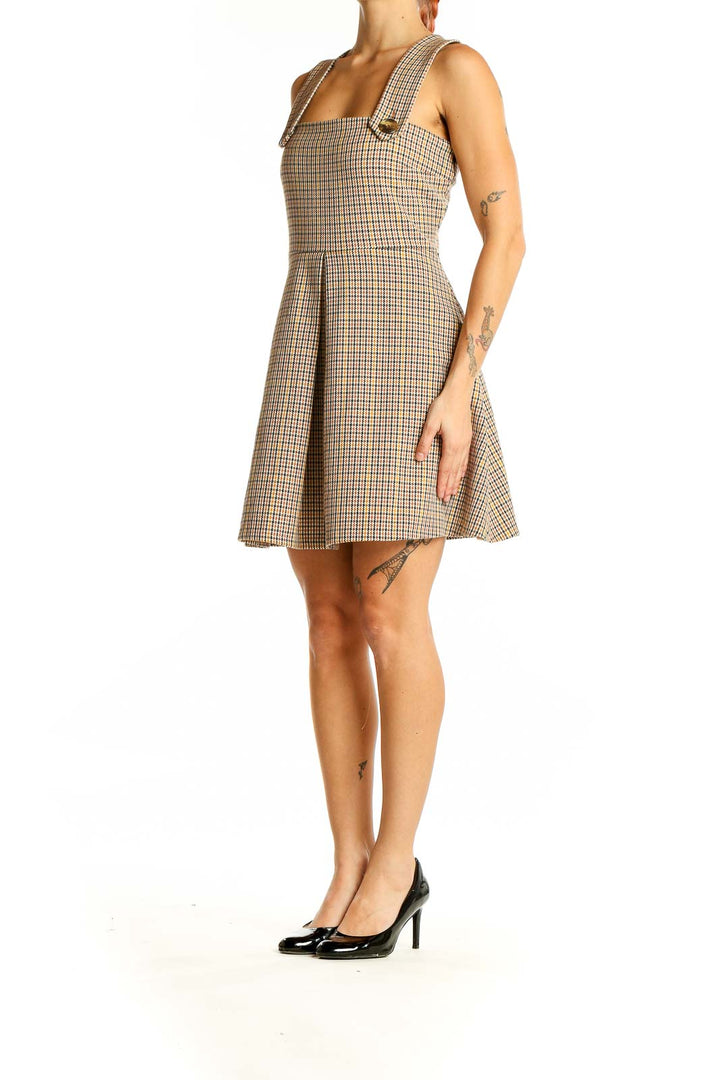 Front view of Zara Woman beige plaid sleeveless mini dress