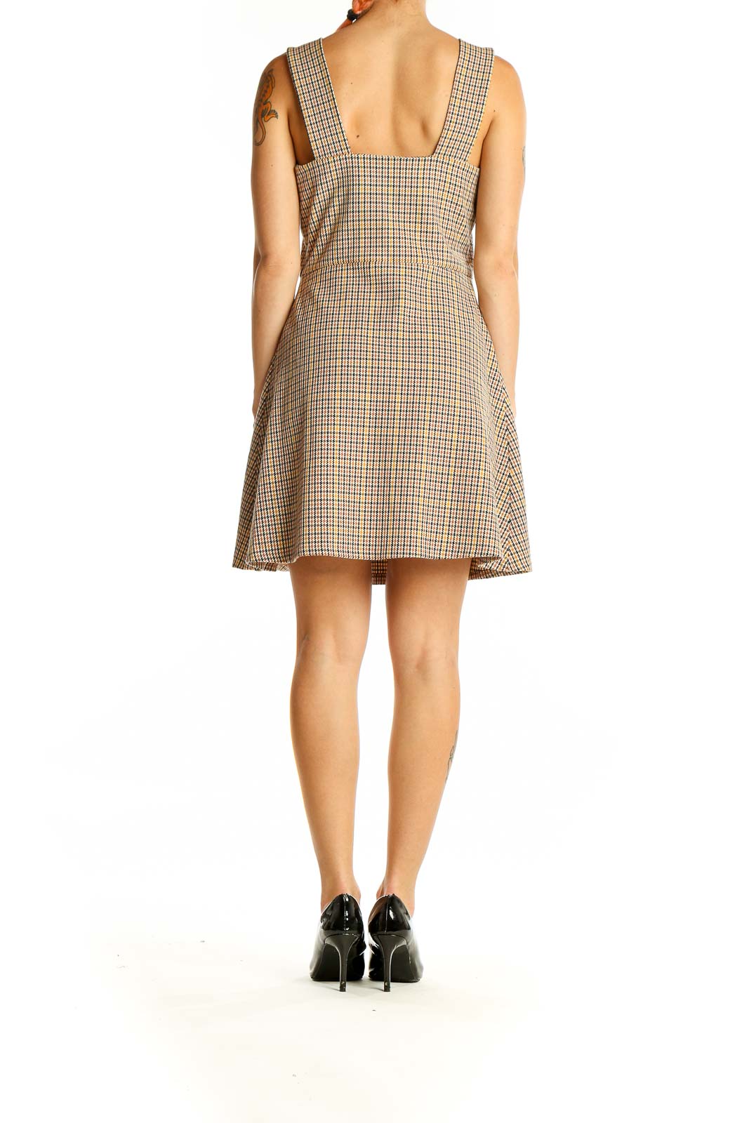 Back view of Zara Woman beige plaid sleeveless mini dress