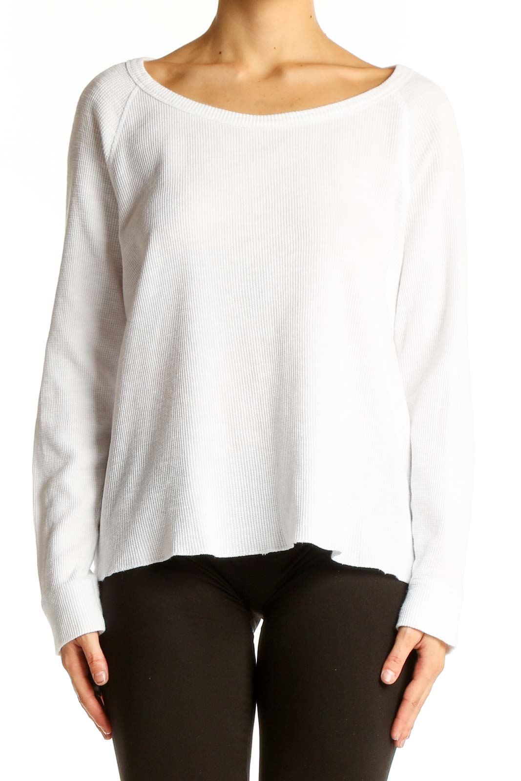 Front view of white ribbed cotton sweater with scoop neck by Standard James Perse