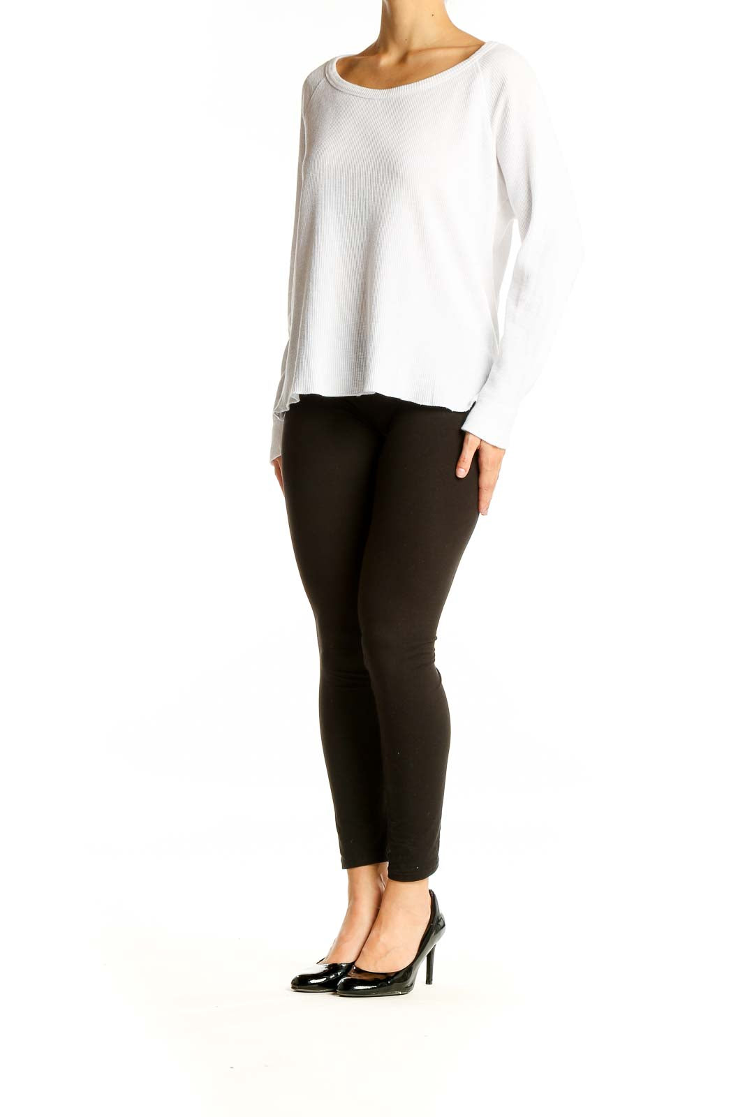 Front view of white ribbed cotton sweater with scoop neck by Standard James Perse