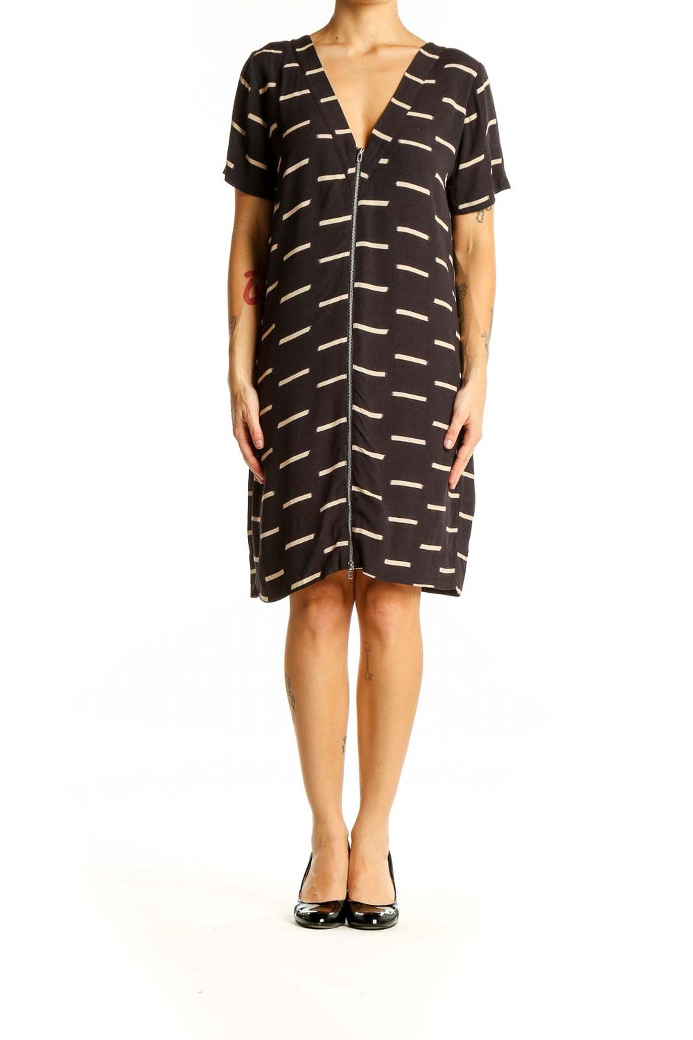 Front view of SilkRoll black striped zip-front shift dress