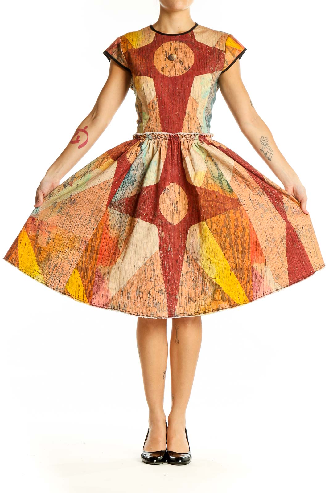 Front view of multicolor geometric print fit-and-flare dress by Making the Cut