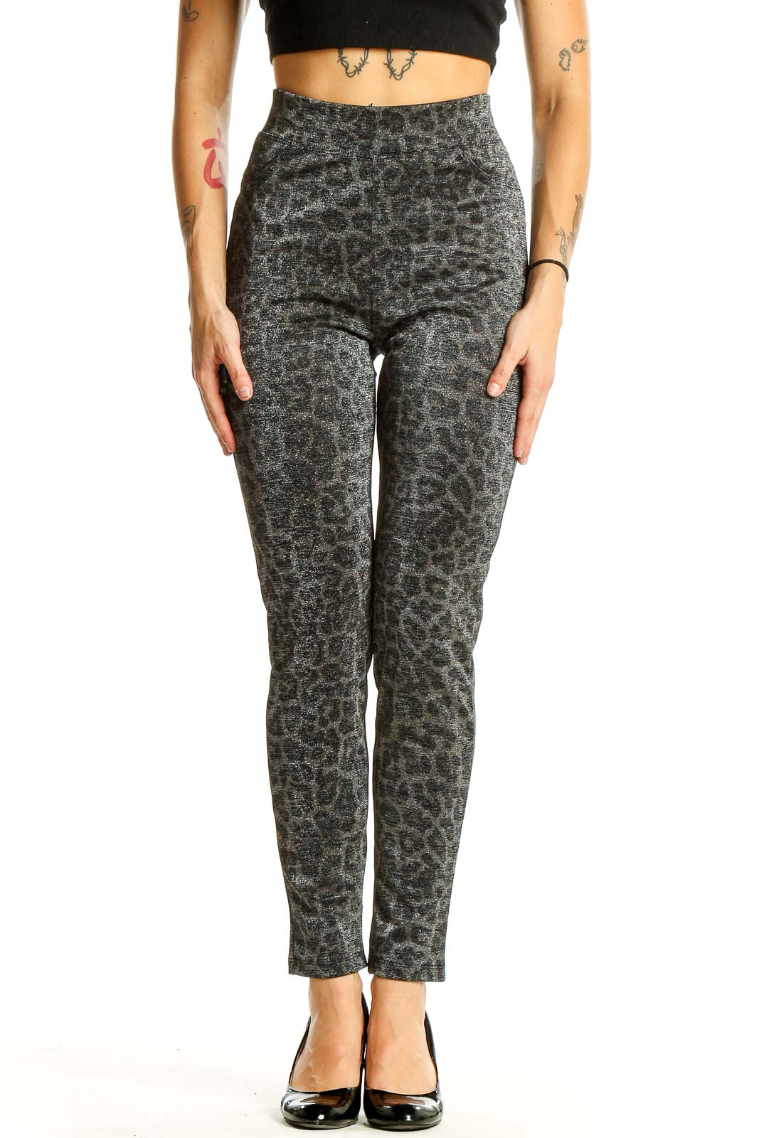 Front view of gray leopard print high-waisted skinny pants from Sanctuary x Anthropologie