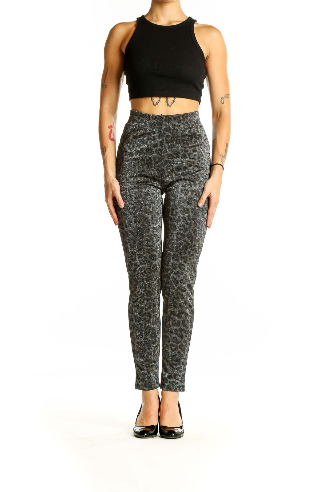 Front view of gray leopard print high-waisted skinny pants from Sanctuary x Anthropologie