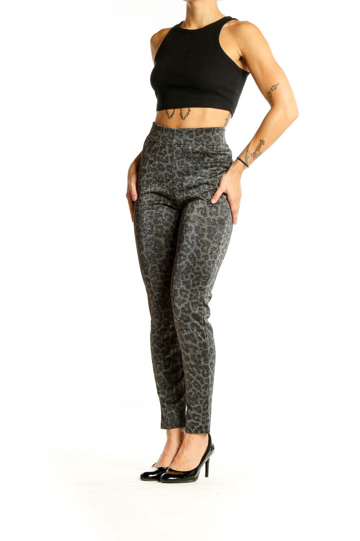 Front view of gray leopard print high-waisted skinny pants from Sanctuary x Anthropologie