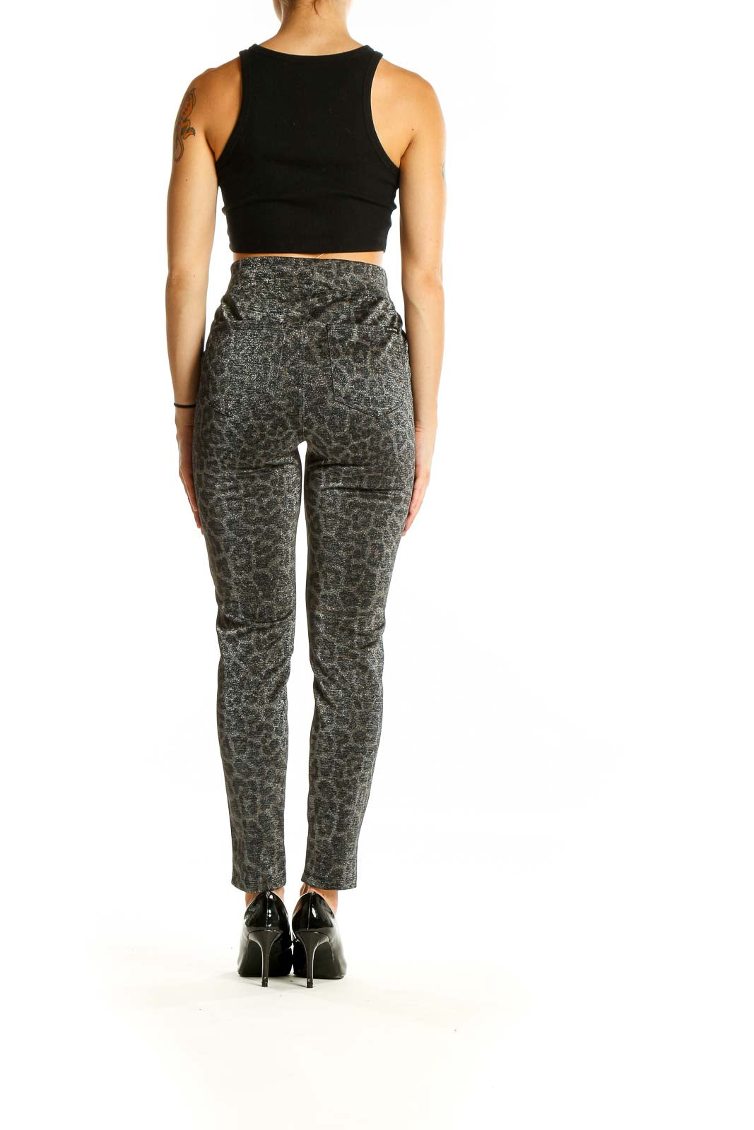 Back view of gray leopard print high-waisted skinny pants from Sanctuary x Anthropologie