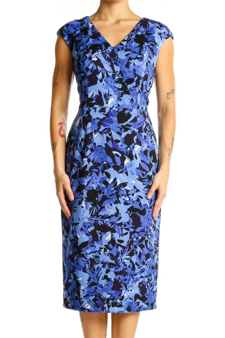 Front view of Maggy London blue floral cap sleeve sheath dress