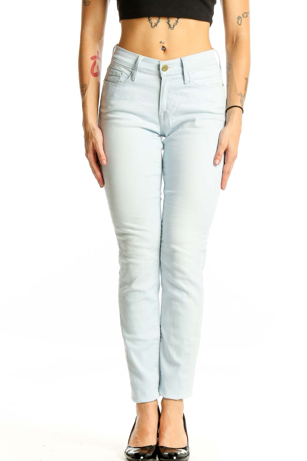 Front view of FRAME Denim light blue slim-fit jeans on model