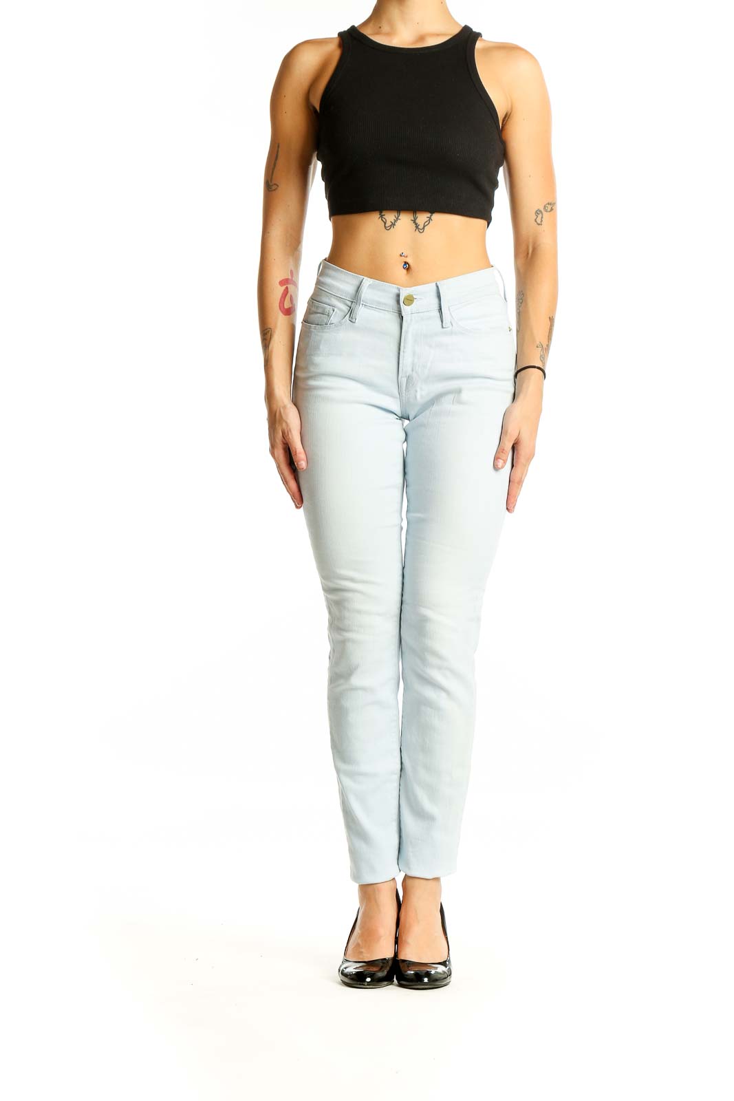 Front view of FRAME Denim light blue slim-fit jeans on model