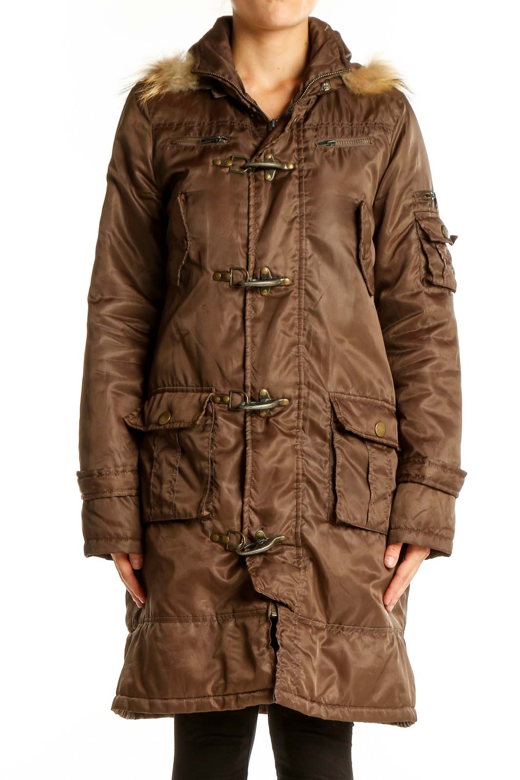 Front view of brown SilkRoll toggle coat with fur-trimmed hood