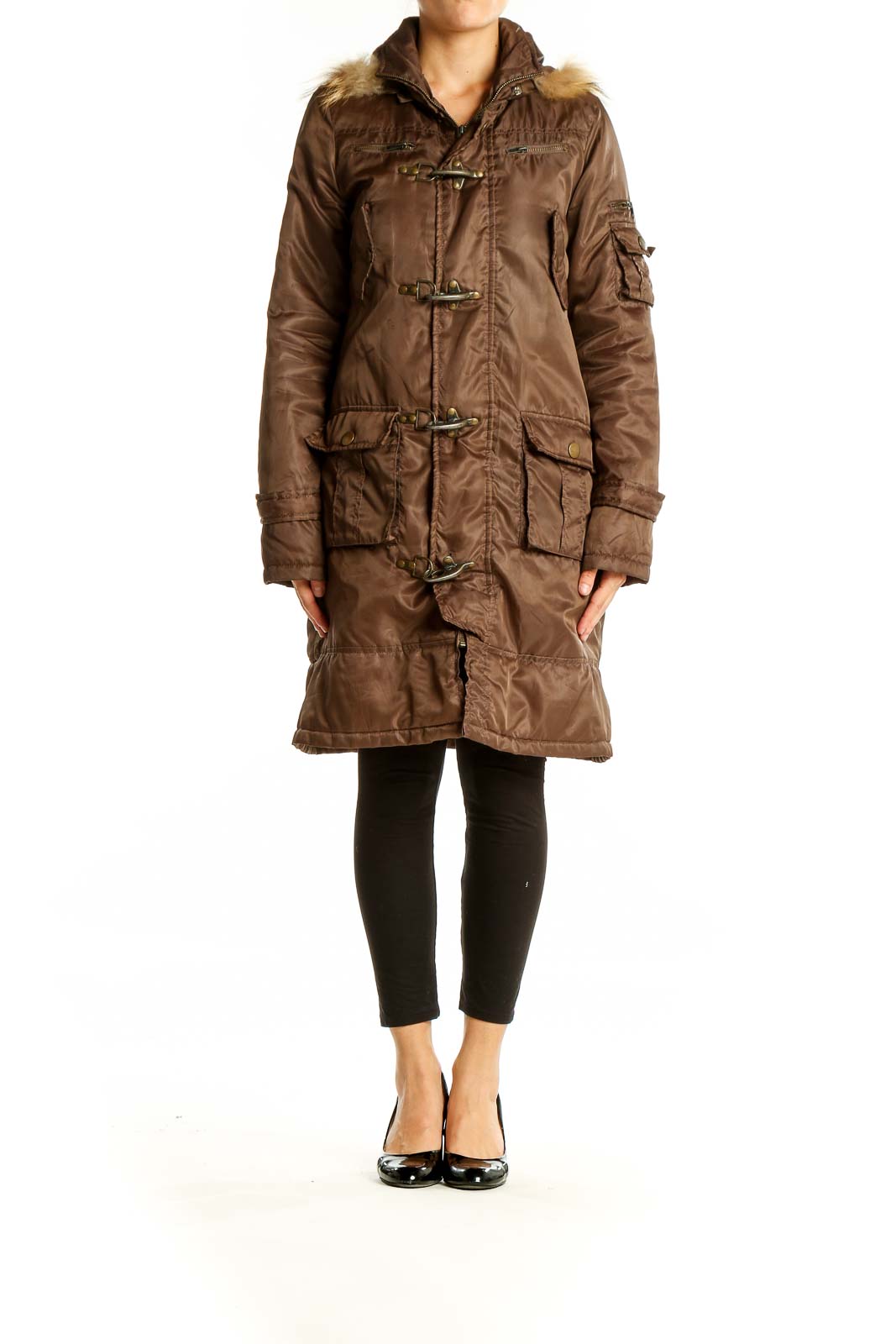 Front view of brown SilkRoll toggle coat with fur-trimmed hood