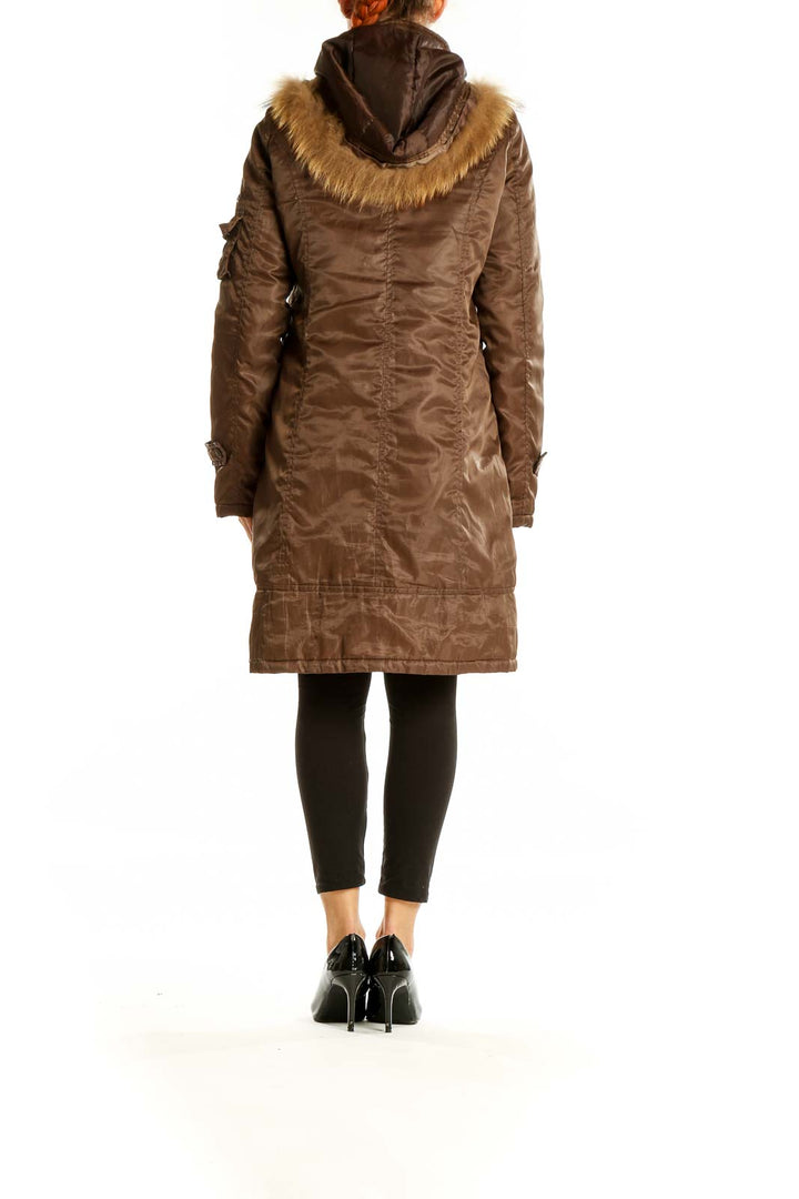 Back view of brown SilkRoll toggle coat showing length and fit