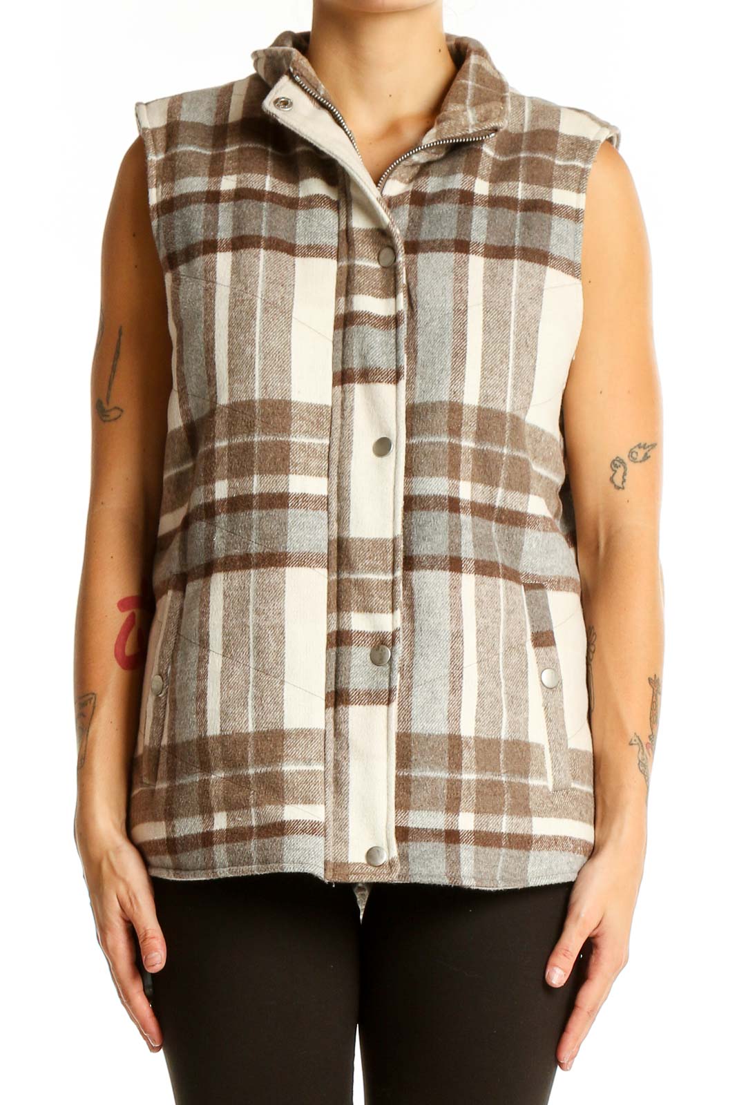 Front view of brown plaid polyester vest by altar'd state