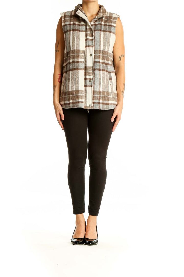 Front view of brown plaid polyester vest by altar'd state