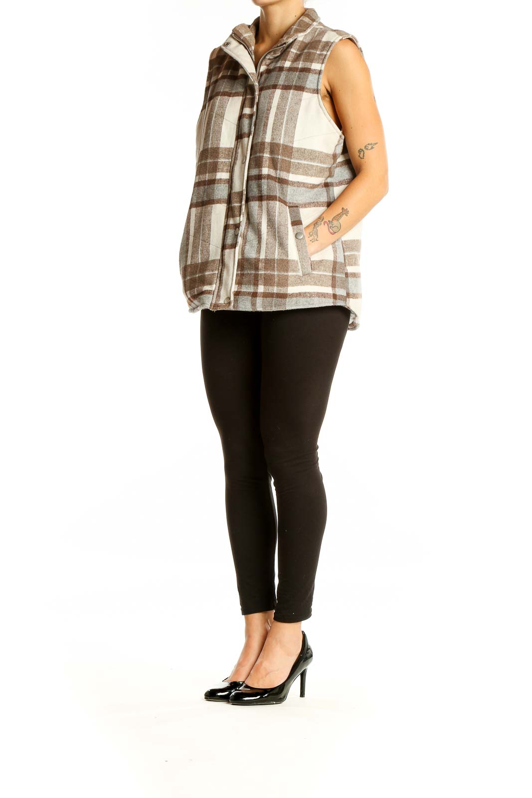 Front view of brown plaid polyester vest by altar'd state