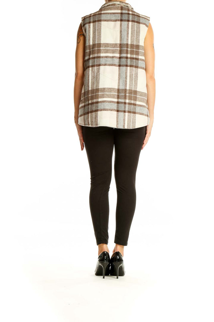 Back view of brown plaid polyester vest by altar'd state