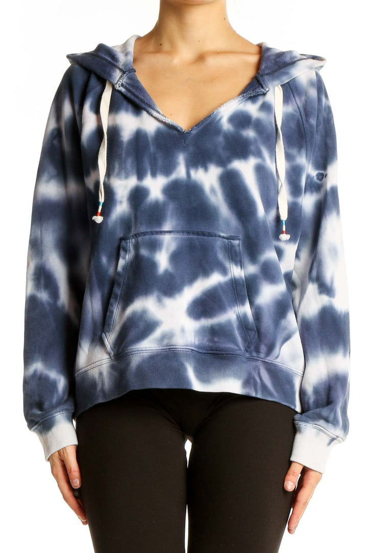 Front view of J.Crew blue and white tie-dye cotton hoodie with kangaroo pocket