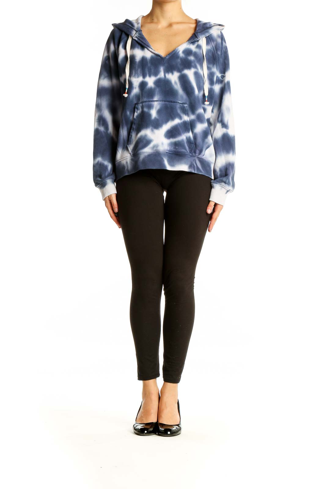 Front view of J.Crew blue and white tie-dye cotton hoodie with kangaroo pocket