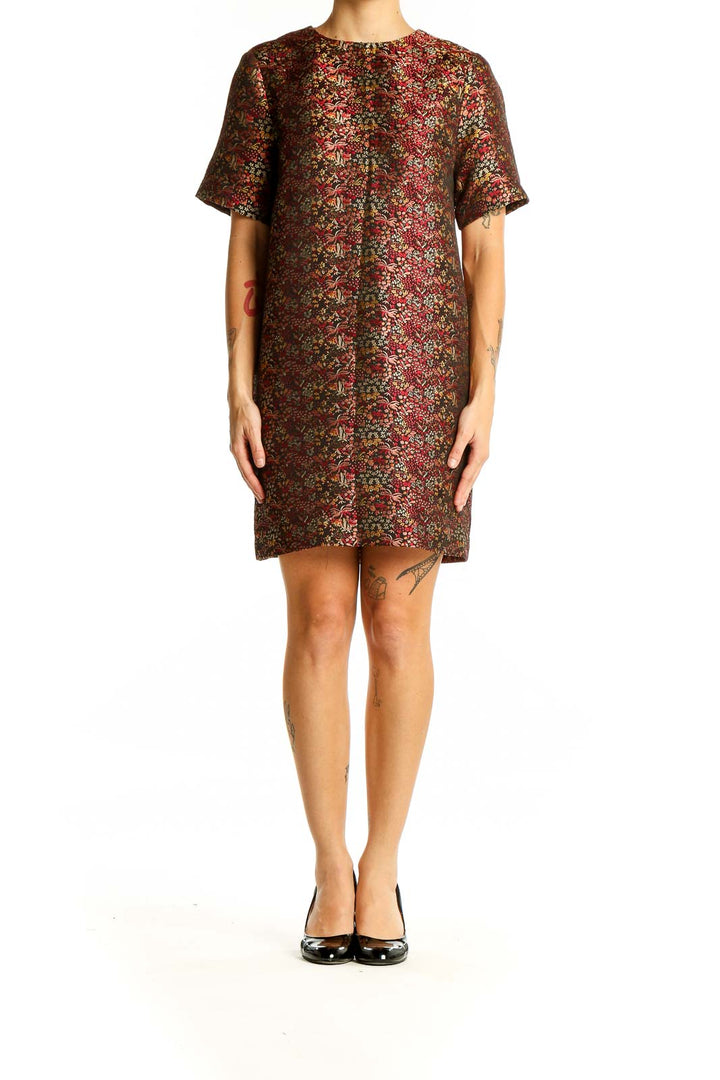 Front view of Zara Woman burgundy floral print short sleeve dress