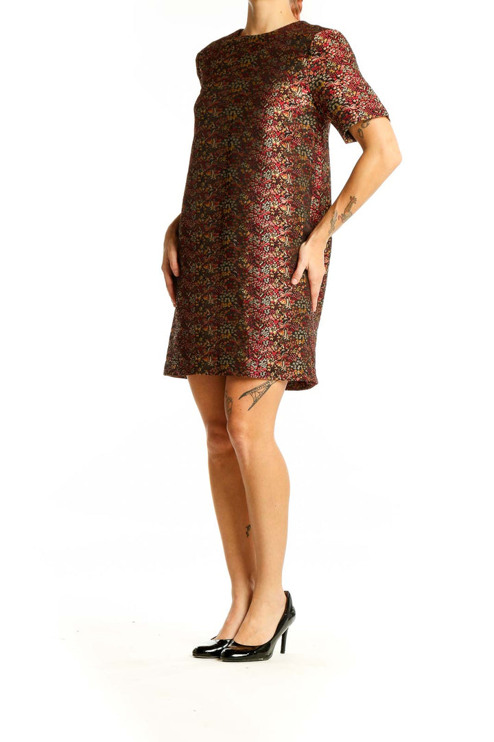 Front view of Zara Woman burgundy floral print short sleeve dress