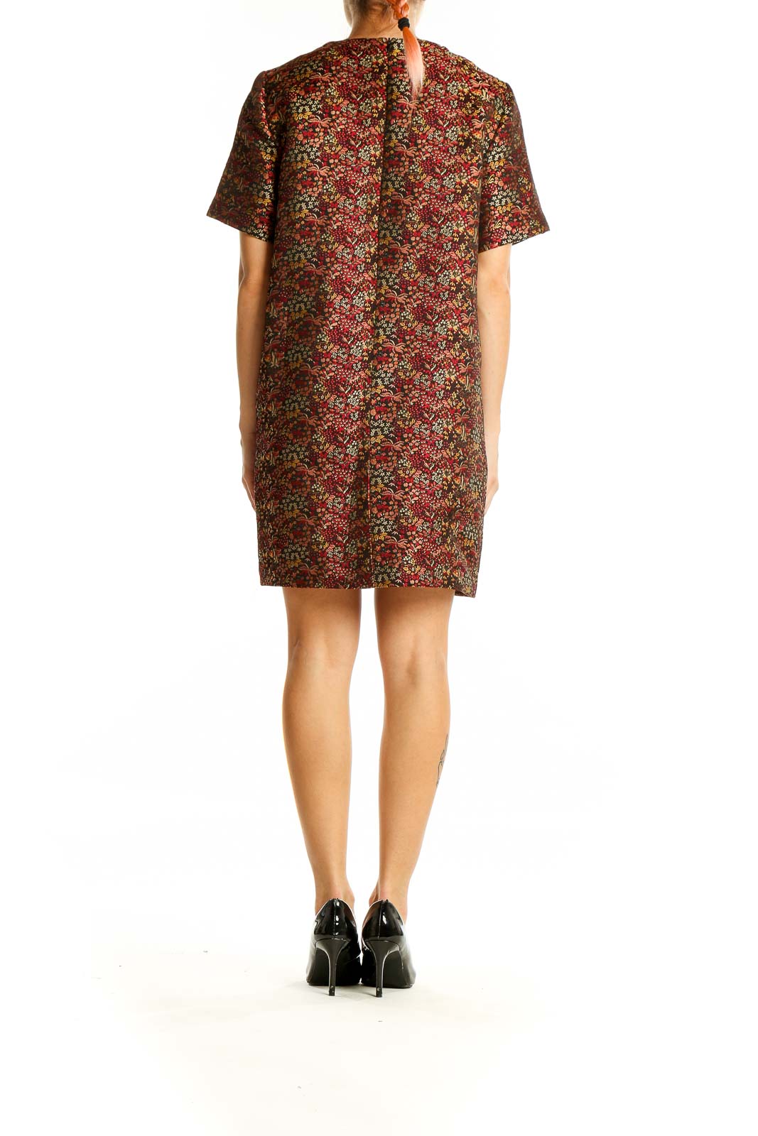 Back view of Zara Woman burgundy floral print short sleeve dress